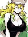  1girl armpit_crease artist_name bare_shoulders baseball_cap black_eyes blonde_hair breasts bright_pupils cleavage closed_mouth commentary double-parted_bangs eyelashes gradient_hair green_hair hair_between_eyes hat highres horns huge_breasts kobayashi-san_chi_no_maidragon long_hair lucoa_(maidragon) miss_faves multicolored_hair one_eye_closed simple_background smile solo twitter_username two-tone_hair white_background white_headwear 