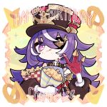  1girl bare_shoulders chevreuse_(genshin_impact) detached_sleeves dress earmuffs earmuffs_around_neck eating eyepatch food food_on_face french_fries genshin_impact gloves gnsn_no09 hat highres holding holding_food long_hair mole mole_under_mouth multicolored_hair onion_rings pointy_hair puffy_detached_sleeves puffy_sleeves purple_eyes purple_hair red_gloves shako_cap smile streaked_hair two-tone_gloves two-tone_hair very_long_hair white_gloves white_hair 