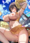  1girl ;d arm_up armpits bikini bikini_under_clothes black_hair blue_eyes blurry blurry_background blush breasts cameltoe cheering cheerleader commentary_request confetti covered_nipples crop_top elbow_gloves gloves highleg highleg_bikini highres holding holding_pom_poms huge_breasts long_hair looking_at_viewer miniskirt mintoaisu navel nipples one_eye_closed original outdoors paid_reward_available pleated_skirt pom_pom_(cheerleading) ponytail see-through_bikini skirt smile solo swimsuit thighhighs thighs white_bikini white_gloves white_thighhighs yellow_skirt 