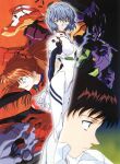  absurdres ayanami_rei blue_hair bodysuit eva_01 eva_02 expressionless hair_between_eyes highres ikari_shinji mecha multiple_girls neon_genesis_evangelion official_art orange_hair pilot_suit red_bodysuit red_eyes robot science_fiction shirt short_hair souryuu_asuka_langley white_bodysuit white_shirt 