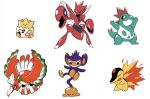  ^_^ aipom closed_eyes croconaw cyndaquil fangs fangs_out grin ho-oh looking_down no_humans pincers pokemon pokemon_(creature) scizor simple_background smile standing teeth togepi tyako_089 white_background 