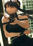  1girl bare_shoulders black_dress black_hair breasts brownie_(bulangnii) cleavage dagger dress dual_wielding earrings gold_hairband hairband highres holding jewelry knife long_hair red_eyes sidelocks solo spy_x_family stiletto_(weapon) weapon yor_briar 