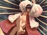  1girl barefoot breasts colored_eyelashes covered_nipples hakama highres japanese_clothes looking_at_viewer miko navel open_clothes original others_(gogo-o) red_hakama solo spread_toes toes 