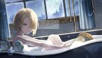  1boy bath bathing bathroom blonde_hair commission freminet_(genshin_impact) genshin_impact green_eyes hair_over_one_eye highres looking_at_viewer male_focus moon night night_sky nude pers_(genshin_impact) short_hair signature sky solo someaka 