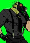  1boy alternate_costume animal_head bara caiman_(dorohedoro) climaxmukr collared_shirt cowboy_shot dorohedoro formal gas_mask green_scales large_pectorals male_focus mask muscular muscular_male necktie pants pectorals profile reptile_boy shirt sideways_glance solo suspenders 