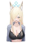  1girl absurdres black_bra blonde_hair blue_archive blue_eyes blush bra breasts cleavage collarbone grey_shirt guntree hair_over_one_eye highres kanna_(blue_archive) large_breasts long_hair long_sleeves looking_at_viewer open_clothes open_mouth open_shirt sharp_teeth shirt simple_background solo teeth underwear upper_body white_background 