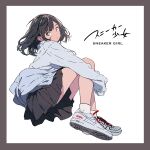  1girl absurdres dress_shirt haluchilu highres hugging_own_legs looking_at_viewer original product_placement school_uniform shirt shoes simple_background sneakers socks solo uniform 