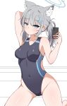  1girl absurdres animal_ear_fluff animal_ears arm_behind_head black_one-piece_swimsuit blue_archive blue_eyes breasts competition_swimsuit covered_navel cross_hair_ornament extra_ears feet_out_of_frame grey_hair hair_ornament halo highres holding holding_phone kneeling low_ponytail medium_breasts medium_hair mismatched_pupils multicolored_clothes multicolored_swimsuit official_alternate_costume one-piece_swimsuit phone shiroko_(blue_archive) shiroko_(swimsuit)_(blue_archive) solo swimsuit wolf_ears zhyseven 
