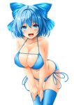  1girl bare_shoulders bikini blue_bikini blue_eyes blue_hair blue_sky blue_thighhighs blush breasts cirno cleavage cloud collarbone commentary commission crystal_wings hair_ribbon hand_on_own_leg highres kamiya_tomoe large_breasts leaning_forward light_blue_hair looking_at_viewer medium_hair midriff navel ocean open_mouth pixiv_commission redrawn ribbon side-tie_bikini_bottom sidelocks simple_background sky swimsuit thighhighs touhou white_background 