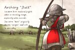  1girl aiming armor arrow_(projectile) ass bow_(weapon) brown_gloves brown_hair english_text gloves grey_headwear helm helmet highres ironlily layered_armor medieval ordo_mediare_sisters_(ironlily) original pun shoulder_armor solo target twin_braids_sister_(ironlily) weapon 