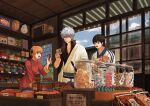 1girl 2boys absurdres black_hair candy candy_store chinese_clothes commentary commentary_request food gintama highres indoors japanese_clothes kagura_(gintama) multiple_boys orange_hair sakata_gintoki shimura_shinpachi shooogun shop short_hair standing white_hair 