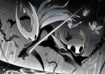  5others blank_eyes chain cloak flying fuifui full_body grey_cloak holding holding_sword holding_weapon hollow_eyes hollow_knight hollow_knight_(character) horned_mask horns insect_wings knight_(hollow_knight) mask multiple_others nail_(hollow_knight) no_humans pure_nail_(hollow_knight) sword weapon wings 