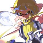  1girl absurdres blonde_hair blurry bow_(weapon) closed_mouth depth_of_field foreshortening furrowed_brow highres inkling inkling_girl long_hair looking_at_viewer pointy_ears simple_background solo splatoon_(series) splatoon_3 suction_cups tentacle_hair tri-stringer_(splatoon) uneven_eyes weapon white_background yellow_eyes yoneyama_mai 