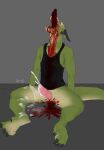 2023 anthro black_claws black_clothing black_horn black_shirt black_topwear blood blood_from_mouth blood_in_mouth bodily_fluids body_on_stake claws clothing cum cum_on_ground dying ejaculation fully_impaled genital_fluids genitals gore gore_focus green_body green_tail hi_res horn impalement jon_zinoyda knot male open_mouth pain penis scree_(character) shirt solo tail topwear torture