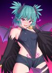  1girl absurdres bare_shoulders bat_wings black_feathers black_wings blush breasts claws commentary_request covered_navel drooling eploov feathered_wings feathers gradient_background harpy heart heart-shaped_pupils heart_tattoo highres horns indie_virtual_youtuber lincoro monster_girl navel_piercing open_mouth piercing pink_background pointy_ears purple_background red_eyes short_hair short_twintails shorts small_breasts solo stomach_tattoo symbol-shaped_pupils tail tattoo tentacle_in_ear twintails virtual_youtuber winged_arms wings 