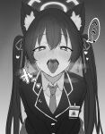  1girl animal_ear_fluff animal_ears blazer blue_archive blush cat_ears collared_shirt greyscale halo heart heart-shaped_pupils highres id_card inotukuhito jacket long_hair looking_at_viewer monochrome necktie open_mouth pleated_skirt serika_(blue_archive) shirt sidelocks skirt solo speech_bubble symbol-shaped_pupils translation_request twintails upper_body 