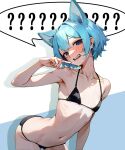  1girl ? @_@ animal_ear_fluff animal_ears bikini bikini_day black_bikini blue_eyes blue_hair blush breasts cameltoe cat_ears finger_to_mouth hair_intakes hiraji looking_at_viewer micro_bikini misskey.io murakami-san_(misskey.io) navel open_mouth short_hair skinny small_breasts solo spoken_question_mark sweat swimsuit teeth 