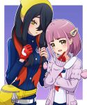  2girls absurdres black_hair blue_jacket border brown_eyes carmine_(pokemon) closed_mouth colored_inner_hair commentary_request eyelashes gloves hair_ornament hair_over_one_eye hairband hairclip highres jacket lacey_(pokemon) long_hair looking_at_viewer multicolored_hair multiple_girls outside_border pokemon pokemon_sv pouch purple_hair red_gloves red_hair standing two-tone_hair white_border yellow_eyes yellow_hairband yuu_(jgvj7873) 