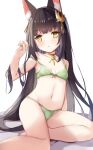  1girl animal_ear_fluff animal_ears arm_support azur_lane bare_legs black_hair bow bow_bra bow_panties bra chinese_commentary collarbone commentary_request fox_ears fox_girl gold_choker green_bra green_panties hair_ornament hamiro highres lace-trimmed_bra lace_trim long_hair looking_at_viewer md5_mismatch nagato_(azur_lane) nail_polish navel panties parted_lips red_ribbon ribbon ribbon_bra ribbon_panties solo stomach straight_hair strap_slip thighs underwear very_long_hair yellow_nails 