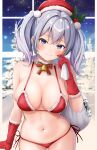  1girl absurdres bare_shoulders bell bikini blue_eyes blush breasts ca_paria christmas closed_mouth commentary_request cowboy_shot detached_collar fur-trimmed_bikini fur-trimmed_gloves fur_trim gloves grey_hair hat highres holding holding_sack kantai_collection kashima_(kancolle) large_breasts looking_at_viewer navel neck_bell red_bikini red_gloves revision sack santa_hat side-tie_bikini_bottom smile solo stomach swimsuit twintails 