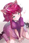  1girl animal_ears annie_(league_of_legends) bangs collared_shirt eyelashes fake_animal_ears full_body green_eyes heart highres kneehighs league_of_legends light_blush looking_at_viewer puffy_short_sleeves puffy_sleeves purple_shirt purple_skirt red_hair see-through see-through_skirt shiny shiny_hair shirt shoes short_hair short_sleeves sitting skirt smile socks solo usagi_(3828164) wariza white_background 