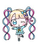  1girl 1nupool blonde_hair blue_bow blue_eyes blue_footwear blue_hair blue_serafuku blue_shirt blue_skirt blunt_bangs bow chibi chouzetsusaikawa_tenshi-chan commentary full_body hair_bow hands_up heart highres long_hair long_sleeves looking_at_viewer multicolored_hair multiple_hair_bows needy_girl_overdose official_art one_eye_closed open_mouth pink_bow pink_hair pleated_skirt purple_bow quad_tails school_uniform second-party_source serafuku shirt shoes simple_background skirt solo standing standing_on_one_leg symbol-only_commentary very_long_hair white_background yellow_bow 