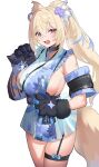  1girl absurdres animal_ear_fluff animal_ears animal_hands belt black_collar black_sash blonde_hair blue_belt blue_hair blue_kimono breasts collar dnumde dog_ears dog_girl dog_paws dog_tail fang floral_print_kimono flower fuwawa_abyssgard fuwawa_abyssgard_(new_year) hair_flower hair_ornament highres hololive hololive_english japanese_clothes kimono large_breasts long_hair looking_at_viewer multicolored_hair obi official_alternate_costume pink_eyes ponytail sash skin_fang sleeveless sleeveless_kimono smile solo spiked_collar spikes streaked_hair tail thigh_strap virtual_youtuber 