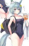  1girl animal_ears ass bag blue_eyes blush breasts cleavage closed_mouth collarbone drinking glasses grey_hair hair_ornament hanamura_pink highres horse_ears horse_tail school_swimsuit seiun_sky_(umamusume) small_breasts solo sweat swimsuit tail towel umamusume 