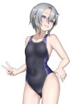  1girl absurdres black_one-piece_swimsuit blue_eyes breasts competition_swimsuit contrapposto covered_navel cowboy_shot grey_hair grin highres ismuth_(bibibibirite) looking_at_viewer one-piece_swimsuit original short_hair simple_background small_breasts smile solo swimsuit two-tone_one-piece_swimsuit v white_background 
