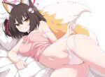  1girl animal_ear_fluff animal_ears ass bed_sheet black_hair blue_archive blush breasts camisole closed_mouth fox_ears fox_tail hair_between_eyes halo hayana_neru heart highres izuna_(blue_archive) looking_at_viewer medium_breasts navel panties pillow pink_camisole pink_halo short_hair simple_background smile solo tail tongue tongue_out underwear white_background white_panties yellow_eyes 