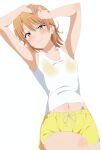  1girl armpits arms_up bare_arms bare_shoulders blonde_hair bra_visible_through_clothes breasts closed_mouth collarbone isshiki_iroha looking_at_viewer lying medium_breasts navel on_back shirt shorts shou937 simple_background small_breasts solo t-shirt white_background white_shirt yahari_ore_no_seishun_lovecome_wa_machigatteiru. yellow_eyes yellow_shorts 