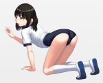  1girl all_fours ass black_eyes black_hair blue_buruma bob_cut buruma commentary crotch_seam from_side grey_background gym_shirt gym_uniform highres kneehighs looking_to_the_side maburu_(lojyq1eur3e8bit) open_mouth original shirt shoes short_hair short_sleeves simple_background socks solo t-shirt uwabaki white_footwear white_shirt white_socks 