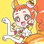  1girl :d animal_ears arisugawa_himari blush bow bright_pupils brown_eyes brown_hair cherry_earrings choker clenched_hands cure_custard dress earrings elbow_gloves extra_ears eyelashes food-themed_earrings food-themed_hair_ornament gloves hair_ornament highres jewelry kirakira_precure_a_la_mode long_hair looking_at_viewer magical_girl mayena open_mouth outline ponytail precure pudding_hair_ornament red_choker red_eyes signature simple_background smile solo squirrel_ears squirrel_tail tail upper_body white_gloves white_outline white_pupils yellow_background 
