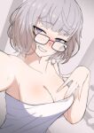  1girl bare_shoulders blue_eyes breasts cleavage collarbone drill_bulbul fate/grand_order fate_(series) glasses grey_hair grin jacques_de_molay_(foreigner)_(fate) large_breasts looking_at_viewer short_hair smile solo towel 