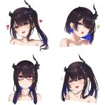  1girl :o alternate_hairstyle aquina_art asymmetrical_horns bare_shoulders bespectacled black_hair blue_hair bob_cut braid brown-framed_eyewear collarbone colored_inner_hair commentary cosplay cropped_shoulders crystal_horn demon_horns emergence_(shindol) english_commentary eyelashes frown glasses hair_down hair_ornament highres hololive hololive_english horn_flower horns long_hair looking_at_viewer mole mole_under_eye multicolored_hair nerissa_ravencroft red_eyes short_hair side_ponytail simple_background tassel tassel_hair_ornament twin_braids two-tone_hair uneven_horns variations virtual_youtuber white_background yoshida_saki yoshida_saki_(cosplay) 