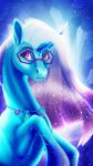 auroricorn blue_body blue_fur blue_hair blue_theme comet_(mlp) equid equine eyewear fur glasses gradeint_hair hair hasbro hexagon hexagonal_glasses hi_res horn jewelry leg_markings male mammal markings mlp_g5 my_little_pony neckalce necklace oneiria-fylakas portrait purple_body purple_eyes purple_fur socks_(marking) solo sparkles unicorn white_hair