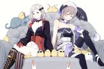  2girls azur_lane bird cat chick commission cosplay costume_switch couch crossed_legs crossover dress flying_sweatdrops hatski.sin highres historical_name_connection jean_bart_(azur_lane) jean_bart_(azur_lane)_(cosplay) jean_bart_(kancolle) jean_bart_(kancolle)_(cosplay) kantai_collection looking_to_the_side magnifying_glass manjuu_(azur_lane) multiple_girls name_connection on_couch pixiv_commission simple_background sitting white_background 