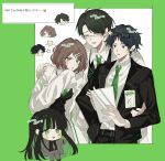  2boys 2girls alfonso_(project_moon) black_eyes black_hair black_jacket brown_hair coat collared_shirt dongrang_(project_moon) eyewear_on_head glasses green_eyes green_hair green_necktie highres id_card jacket limbus_company long_hair long_sleeves mnt_(mnppf7) multicolored_hair multiple_boys multiple_girls necktie open_mouth project_moon samjo_(project_moon) shirt short_hair shrenne_(project_moon) smile streaked_hair very_long_hair white_coat white_shirt wing_collar 