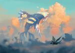  1boy above_clouds backpack bag beanie cloud commentary flygon hat kyogre male_focus nitefise outdoors pokemon pokemon_(creature) pokemon_oras primal_kyogre riding riding_pokemon shoes sitting sky watermark web_address white_headwear 