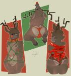 absurd_res anthro antlers bdsm big_butt bondage bottomwear bound bow_ribbon brown_body brown_fur butt clothing collar deer fur hi_res hogtied horn laydai looking_at_viewer looking_back male mammal new_world_deer nipple_piercing nipples piercing red_nose reindeer ribbons shorts solo thick_thighs thong underwear wide_hips