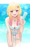 1girl 2_(tsvf3235) beach bikini blonde_hair braid breasts cleavage food gradient_hair jewelry long_hair looking_at_viewer multicolored_hair necklace official_alternate_hairstyle open_mouth pink_eyes pink_hair popsicle pov project_sekai smile solo striped striped_bikini swimsuit tenma_saki twin_braids 