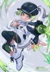  1boy artist_name aura black_headwear black_leggings black_shorts bow_(weapon) closed_mouth commentary_request cross-laced_footwear full_body green_eyes green_hair grey_background hat highres holding holding_bow_(weapon) holding_weapon jacket jinkobanana leggings leggings_under_shorts male_focus medium_hair octoling octoling_boy paint reef-lux_450_(splatoon) shoes shorts solo splatoon_(series) splatoon_3 tentacle_hair twitter_username weapon white_footwear white_jacket 