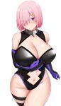  1girl absurdres arind_yudha black_leotard blush breasts cleavage fate/grand_order fate_(series) groin highres huge_breasts leotard looking_at_viewer mash_kyrielight medium_hair navel pink_hair purple_eyes simple_background solo stomach thighs white_background 