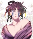  1boy bare_shoulders bishounen brown_hair collarbone daytodaydesire facial_mark floral_background highres inuyasha jakotsu_(inuyasha) japanese_clothes kimono kimono_partially_removed looking_at_viewer makeup male_focus parted_lips pink_eyes pink_lips solo updo upper_body 