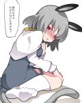  1girl animal_ears bangs blush breasts capelet commentary_request dress full_body grey_dress grey_hair half-closed_eyes hammer_(sunset_beach) highres long_sleeves looking_at_viewer medium_breasts mouse_ears mouse_girl mouse_tail nazrin no_shoes nose_blush open_mouth red_eyes shirt short_hair simple_background sitting socks solo tail touhou translation_request wariza white_background white_capelet white_shirt 