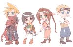  2boys 2girls aerith_gainsborough baggy_pants bangle bare_shoulders belt black_footwear black_hair blonde_hair blue_eyes blue_pants boots bracelet braid braided_ponytail breasts brown_eyes brown_footwear brown_gloves brown_hair chibi choker cid_highwind clawed_gauntlets cloak closed_mouth cloud_strife colored_sclera crop_top crossed_arms dress earrings facial_hair final_fantasy final_fantasy_vii fingerless_gloves fishnet_armwear frown full_body gloves goggles goggles_on_head green_eyes green_shirt hair_ribbon hair_slicked_back hand_on_own_chest hand_on_own_hip headband holding holding_shuriken holding_weapon jewelry kingdom_hearts long_hair loose_belt medium_breasts midriff multiple_belts multiple_boys multiple_girls nitoya_00630a official_alternate_costume open_mouth pants parted_bangs pink_dress pink_ribbon purple_belt red_cloak ribbon ribbon_choker shirt short_hair short_shorts short_sleeves shorts shuriken sidelocks single_braid single_earring single_shoulder_pad sleeveless sleeveless_dress smile spiked_hair strapless stubble swept_bangs t-shirt toothpick torn_clothes tube_top v-shaped_eyebrows wavy_hair weapon white_background white_shirt yellow_belt yellow_sclera yellow_shorts yuffie_kisaragi 