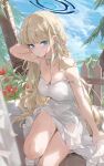  1girl bare_shoulders blonde_hair blue_archive blue_eyes blue_sky blush breasts choker cleavage collarbone dema_hmw dress earrings halo highres jewelry long_hair looking_at_viewer medium_breasts sky solo thighs toki_(blue_archive) white_dress 