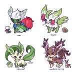  animal_focus antlers blue_flower blue_rose brown_fur chikorita commentary flower fusion green_eyes green_fur highres leaf leafeon mamobot no_humans pokemon pokemon_(creature) red_eyes red_flower red_rose rose roserade sawsbuck sawsbuck_(spring) shaymin shaymin_(land) simple_background sitting tail white_background white_fur 