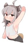  1girl ahoge animal_collar animal_ears arm_up armpits bandaid bandaid_on_cheek bandaid_on_face bare_shoulders black_collar black_shorts blush borrowed_character brown_eyes closed_mouth collar commentary crop_top cropped_arms cropped_torso english_commentary grey_hair hair_between_eyes long_hair looking_at_viewer low-cut_armhole macci_(opossumachine) midriff mixed-language_commentary nakajima_lupus navel original paid_reward_available possum_ears possum_tail presenting_armpit shorts simple_background smile solo sweat tail tank_top tareme upper_body watermark white_background white_tank_top 