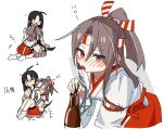  2girls black_hair blush bottle brown_eyes commentary drunk hachimaki headband high_ponytail hinata_hibari japanese_clothes kantai_collection kimono light_brown_hair long_hair long_sleeves multiple_girls open_mouth red_shorts sake_bottle shorts shouhou_(kancolle) simple_background socks symbol-only_commentary white_background white_kimono white_socks wide_sleeves zuihou_(kancolle) 